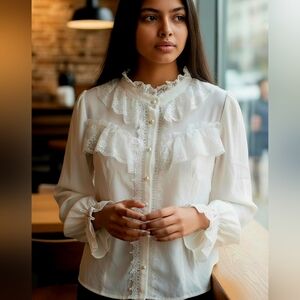 Curlbiuty Elegant White Ruffle Blouse 2XL